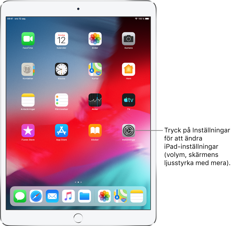 Hemskärmen på iPad med flera symboler, bland annat symbolen för Inställningar, som du kan trycka på när du vill ändra ljudvolymen, ljusstyrkan på skärmen med mera på iPad.