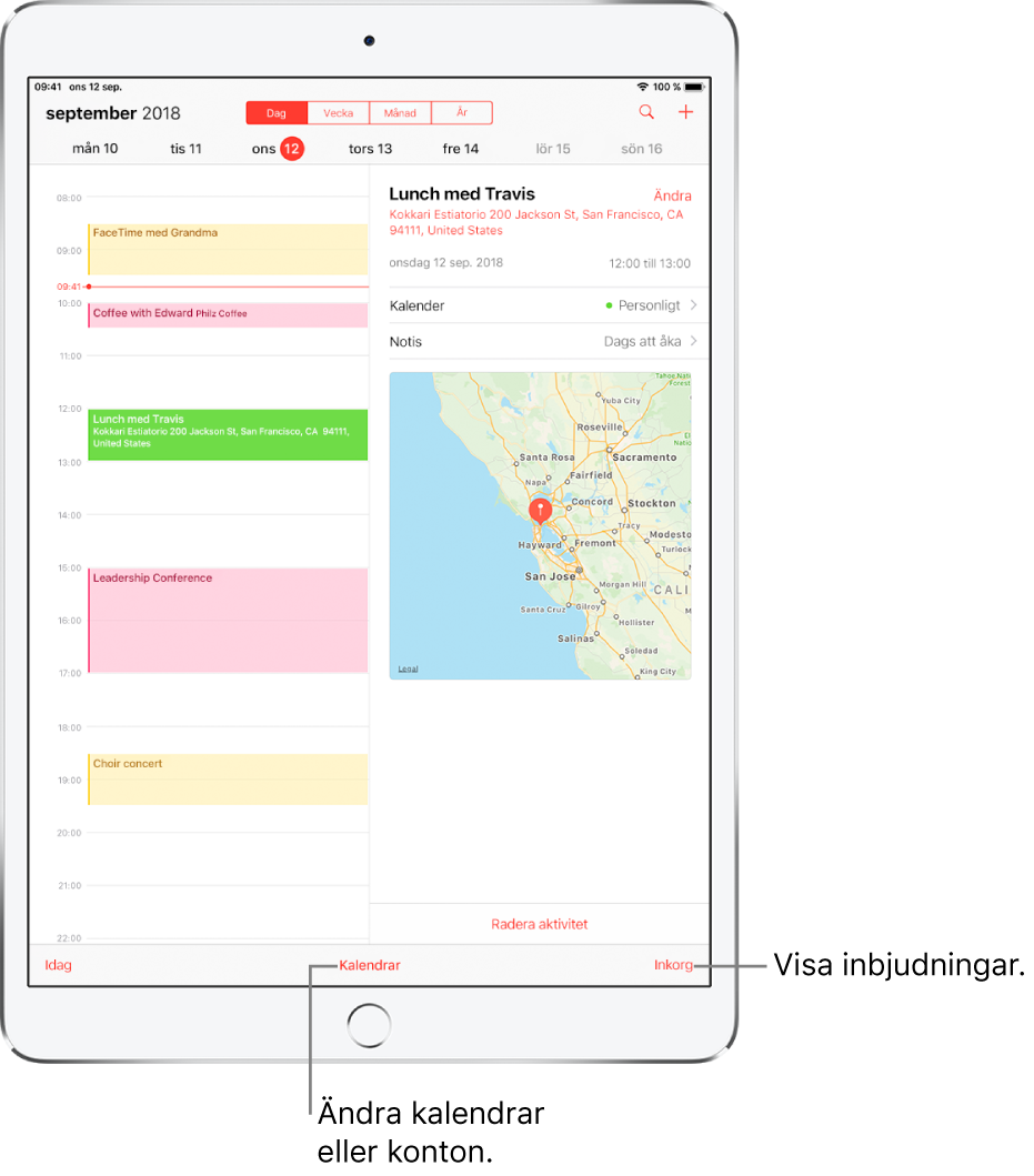 En kalender med dagsvyn öppen. Tryck på knapparna högst upp om du vill växla mellan dag-, vecko-, månads- och årsvyerna. Byt kalender eller konto genom att trycka på kalenderknappen längst ned. Visa inbjudningar genom att trycka på inkorgsknappen som finns längst ned till höger.