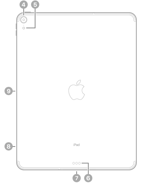 มุมมองด้านหลังของ iPad Pro พร้อมกับคำอธิบายตามเข็มนาฬิกาจากด้านซ้ายบนสุด: กล้องด้านหลัง, แฟลช, Smart Connector, ช่องต่อ USB-C, ถาดซิม (Wi-Fi + Cellular) และช่องต่อแบบแม่เหล็กสำหรับ Apple Pencil