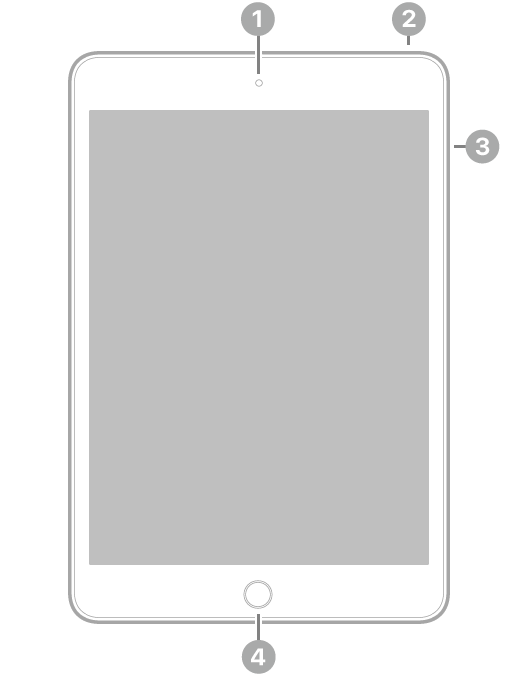 มุมมองด้านหน้าของ iPad mini พร้อมกับคำอธิบายกล้องด้านหน้าที่กึ่งกลางด้านบนสุด ปุ่มด้านบนที่ด้านขวาบนสุด ปุ่มปรับเสียงทางด้านขวา และปุ่มโฮม/Touch ID ที่กึ่งกลางด้านล่างสุด