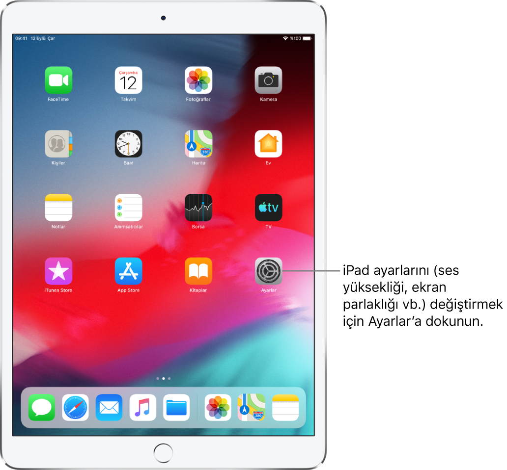 iPad’inizin ses yüksekliğini, ekran parlaklığını ve daha birçok şeyi değiştirmek için dokunabileceğiniz Ayarlar simgesi de dahil olmak üzere birçok simgenin bulunduğu iPad ana ekranı.