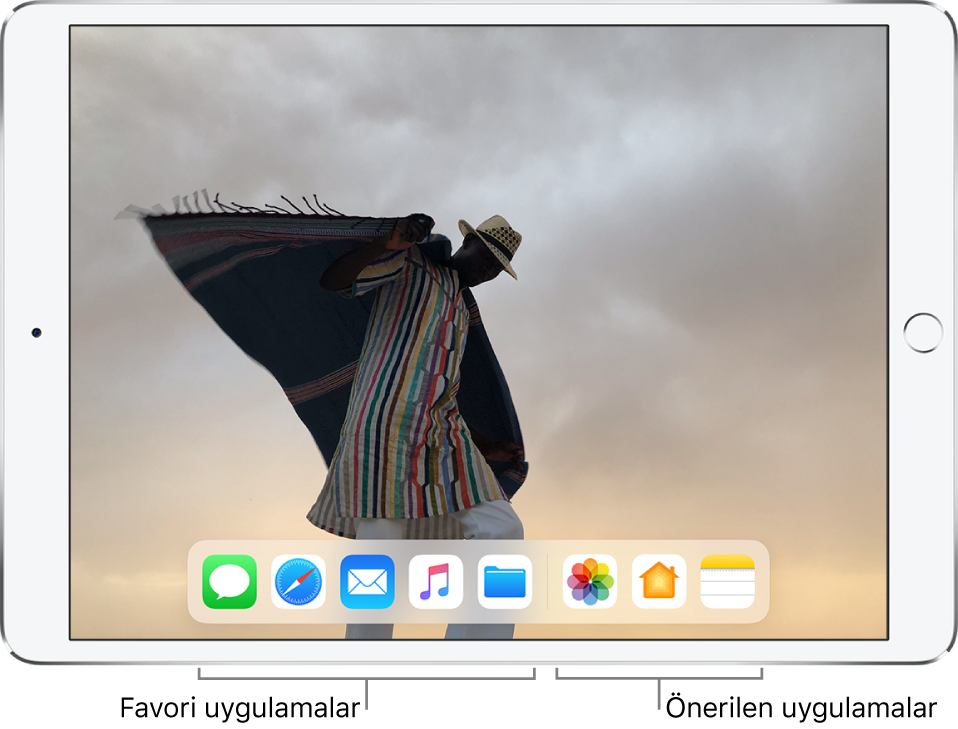 Sol tarafta beş favori uygulamayı, sağ tarafta ise üç önerilen uygulamayı gösteren Dock.