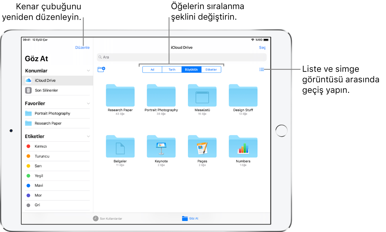 Kenar çubuğunu yeniden düzenleme; Ad’a, Tarih’e, Büyüklük’e ve Etiketler’e göre sıralama ve liste ve simge görüntüleri arasında geçiş yapma düğmelerini gösteren bir iCloud Drive konumu.