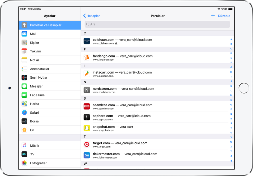 Web sitelerinin ve bu sitelerde kullanılan hesap adlarının alfabetik listesini gösteren, Parolalar ve Hesaplar için Ayarlar ekranı. Listelenen ilk web sitesinin URL’sinin yanında parolanın daha önce kullanıldığı uyarısı var.