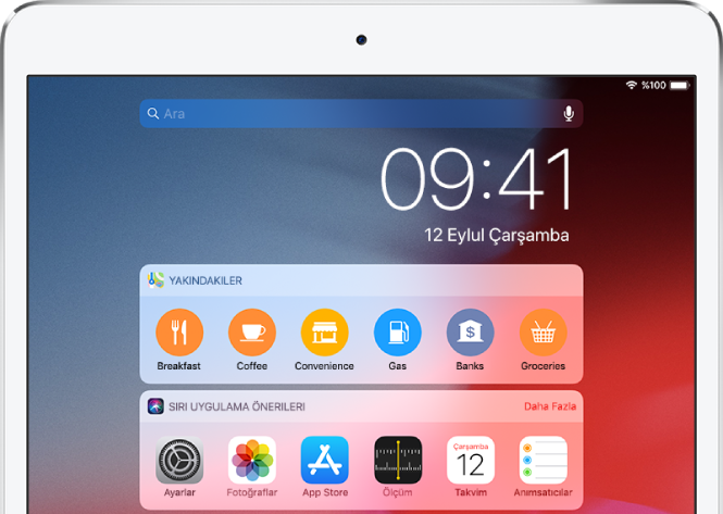 Siri Uygulama Önerileri, Takvim, Yakındakiler, Müzik ve Anımsatıcılar araç takımlarının gösterildiği Bugün Görünümü.