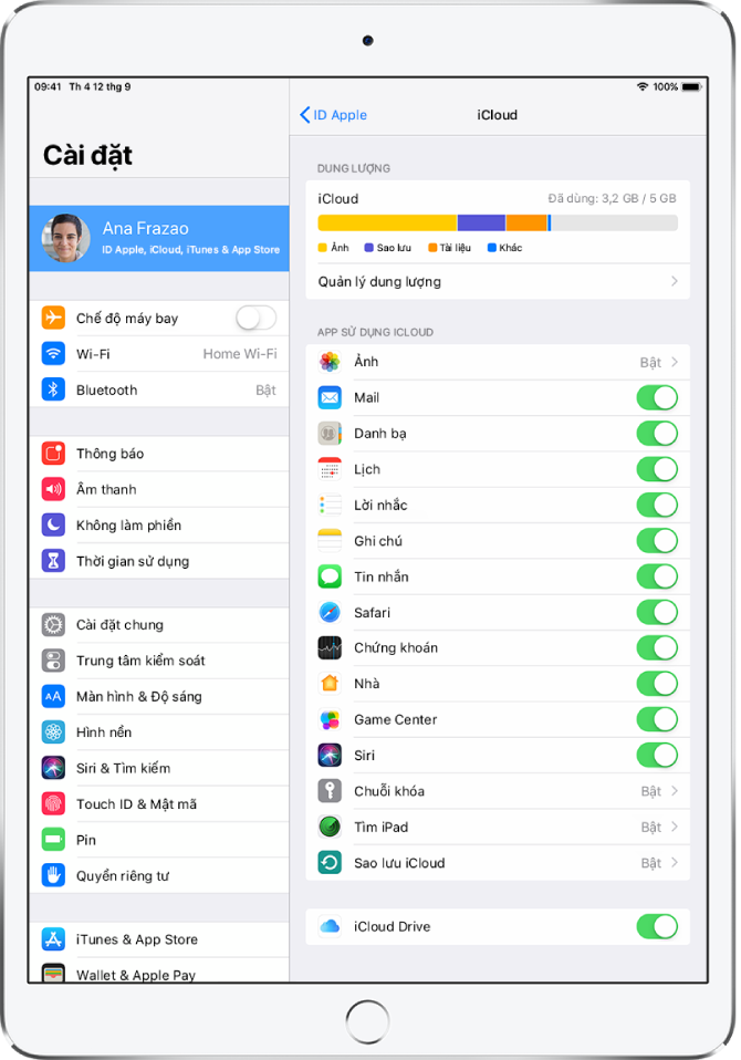 Màn hình cài đặt iCloud đang hiển thị đồng hồ đo Dung lượng iCloud và một danh sách các ứng dụng và tính năng, bao gồm Mail, Danh bạ và Tin nhắn, có thể sử dụng được với iCloud.