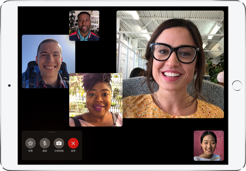 FaceTime 畫面顯示有五名成員參與的「群組 FaceTime」通話，每位成員均以獨立視窗顯示。