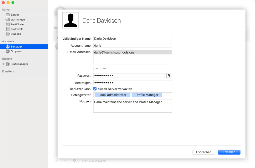 Benutzer werden mit der Server-App erstellt und können Schlagwörter und Notizen über den Benutzer enthalten.