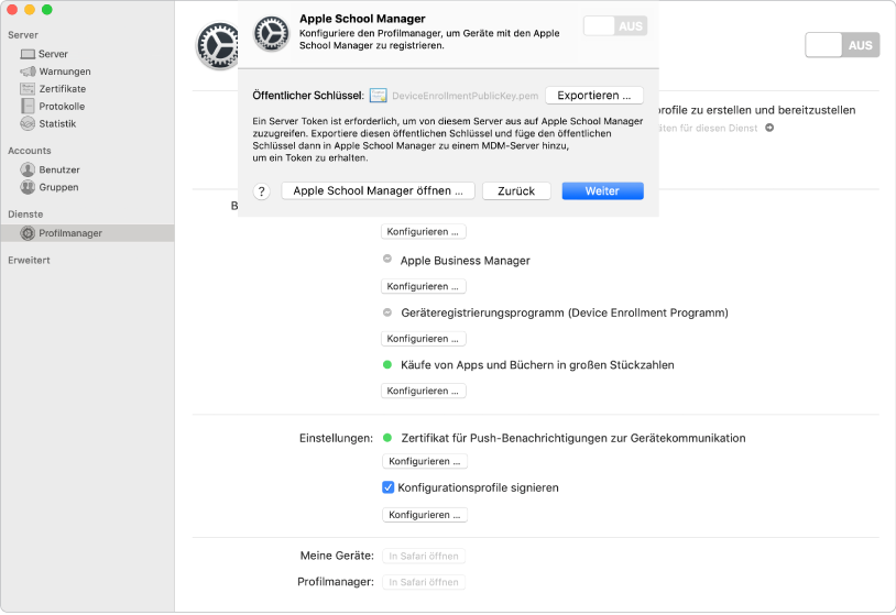 Mithilfe der Server-App können Sie einen Link von Apple School Manager oder Apple Business Manager zum Profilmanager hinzufügen.