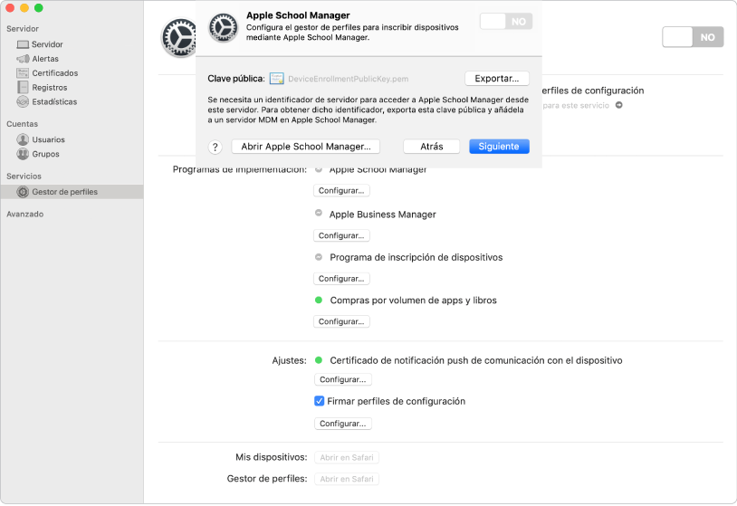Apple School Manager o Apple Business Manager se vinculan al gestor de perfiles con la app Server.