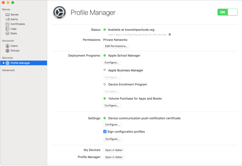 El gestor de perfiles se activa en la app Server y se configura con la interfaz web del gestor de perfiles.
