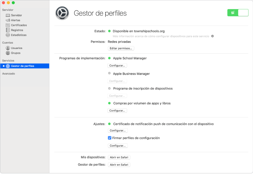 El gestor de perfiles se activa en la app Server y se configura con la interfaz web del gestor de perfiles.