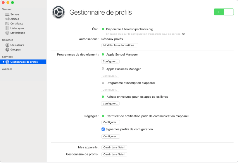 Gestionnaire de profils est activé à l’aide de l’app Server et est configuré à l’aide de l’interface web de Gestionnaire de profils.