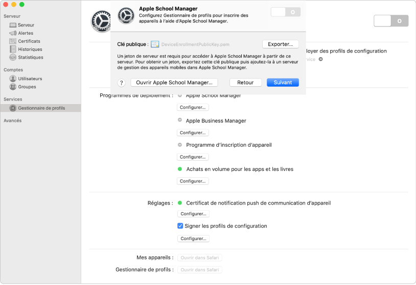 Vous liez Apple School Manager ou Apple Business Manager à Gestionnaire de profils à l’aide de l’app Server.