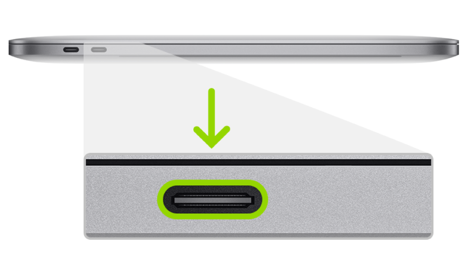 Thunderbolt-Anschluss, der für die Firmware-Wiederherstellung des MacBook Pro mit Apple-T2-Sicherheitschip verwendet wird.