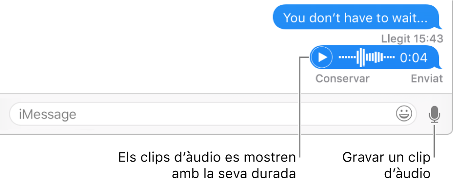 Conversa a la finestra de l’app Missatges que mostra el botó “Fragment de veu” al costat del camp de cerca a la part inferior de la finestra.