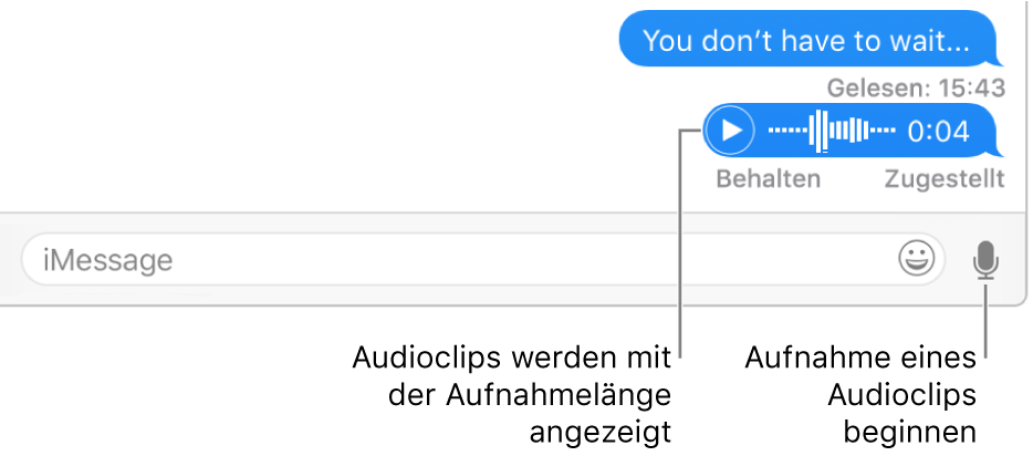 Eine Konversation im Fenster „Nachrichten“ mit der Taste „Soundbite“ neben dem Textfeld unten im Fenster.