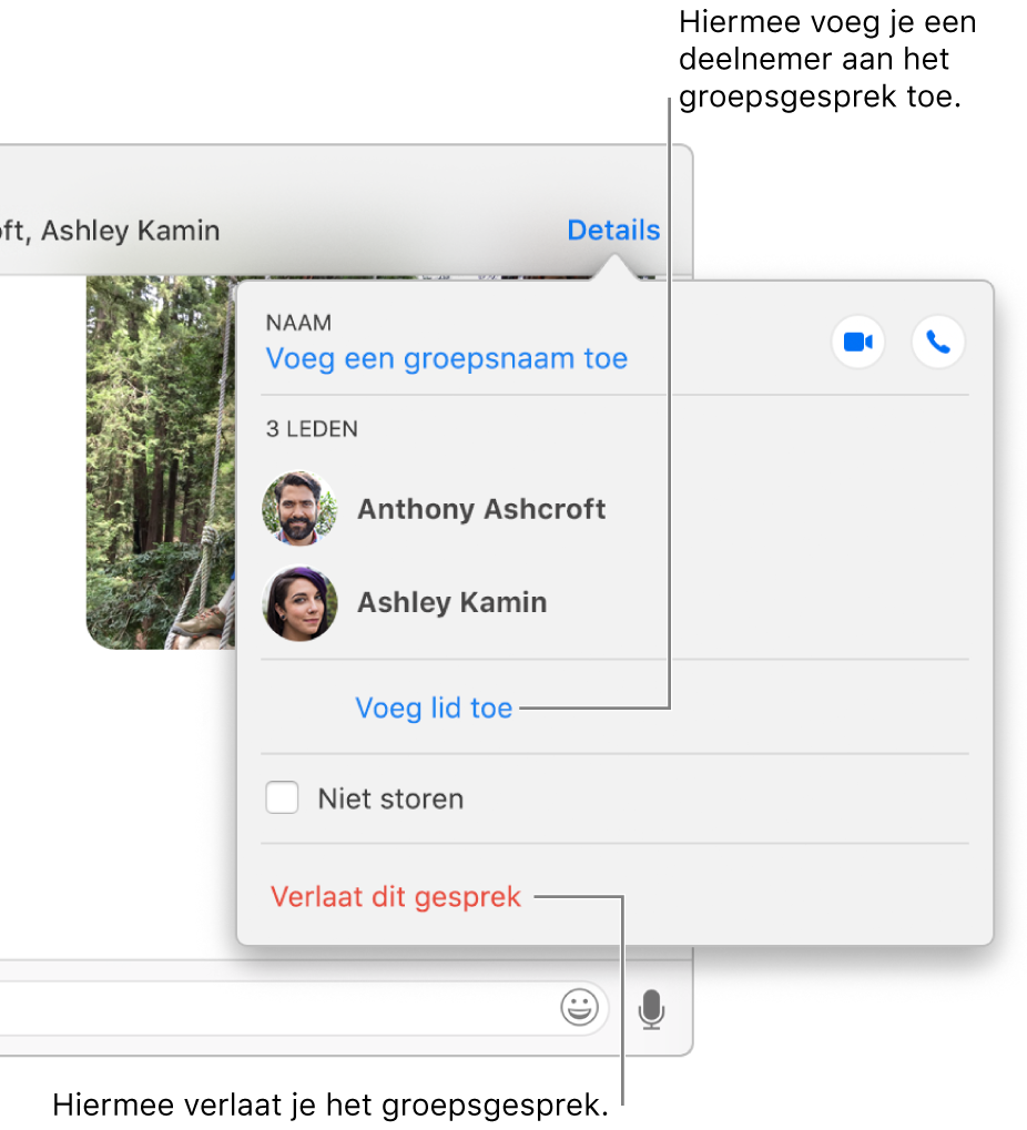 Detailweergave, die verschijnt als je in een groepsgesprek op 'Details' klikt. 'Voeg lid toe' wordt onder de naam van de laatste deelnemer in de lijst weergegeven. 'Verlaat dit gesprek' wordt onder in het dialoogvenster weergegeven.