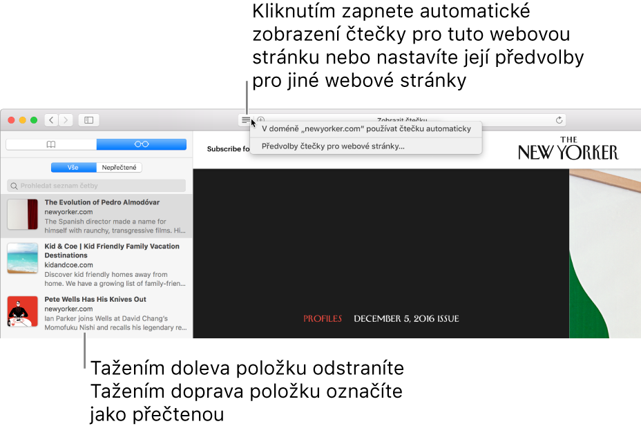Okno Safari se zobrazeným seznamem četby