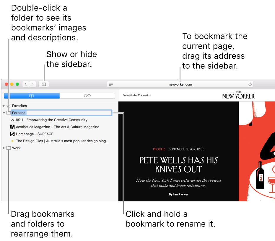 A Safari window showing bookmarks in the sidebar; one bookmark is selected for editing.