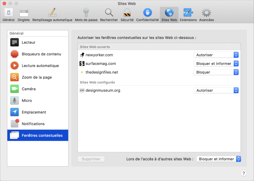 Les Préférences Sites Web vous permettent de personnaliser la façon dont vous parcourez les sites Web dans Safari.