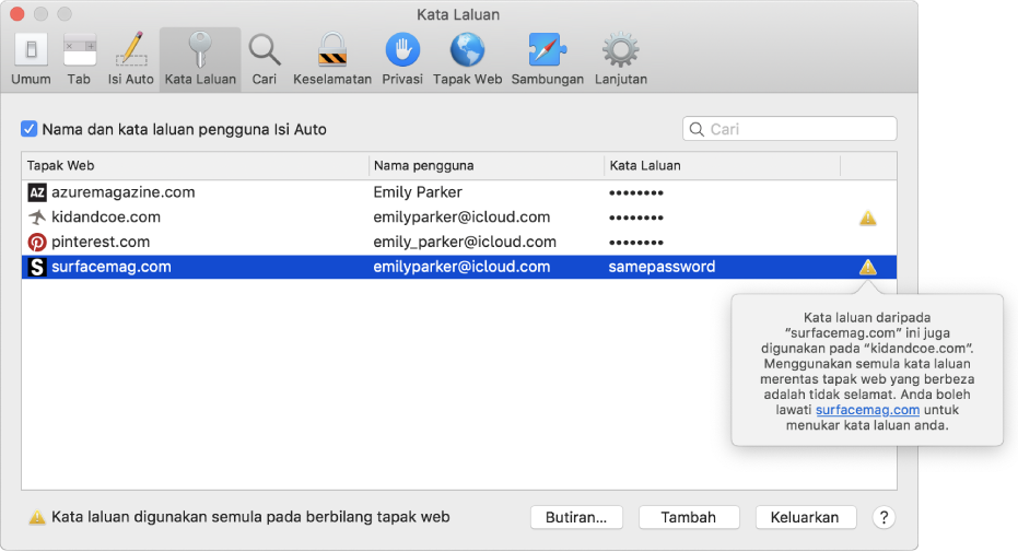 Keutamaan Kata Laluan, memberi amaran yang dua tapak web menggunakan kata laluan yang sama.