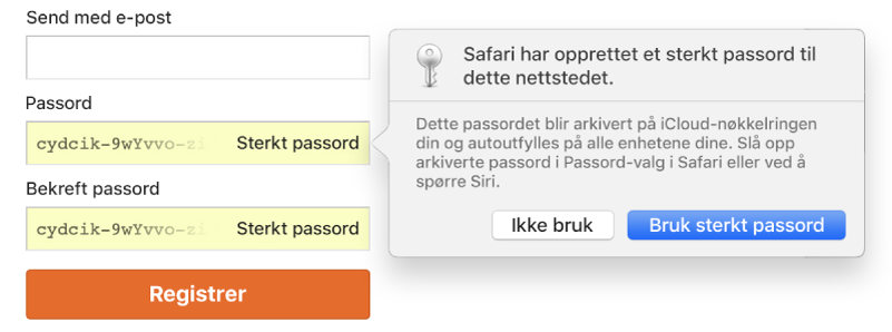 Registreringssiden for kontoen, som viser et automatisk opprettet passord og alternativet for å velge eller avvise det.