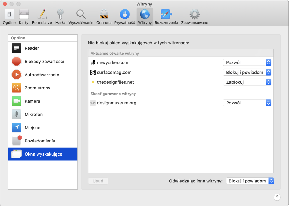 Preferencje witryn, w których możesz dostosować sposób przeglądania poszczególnych witryn internetowych w Safari.