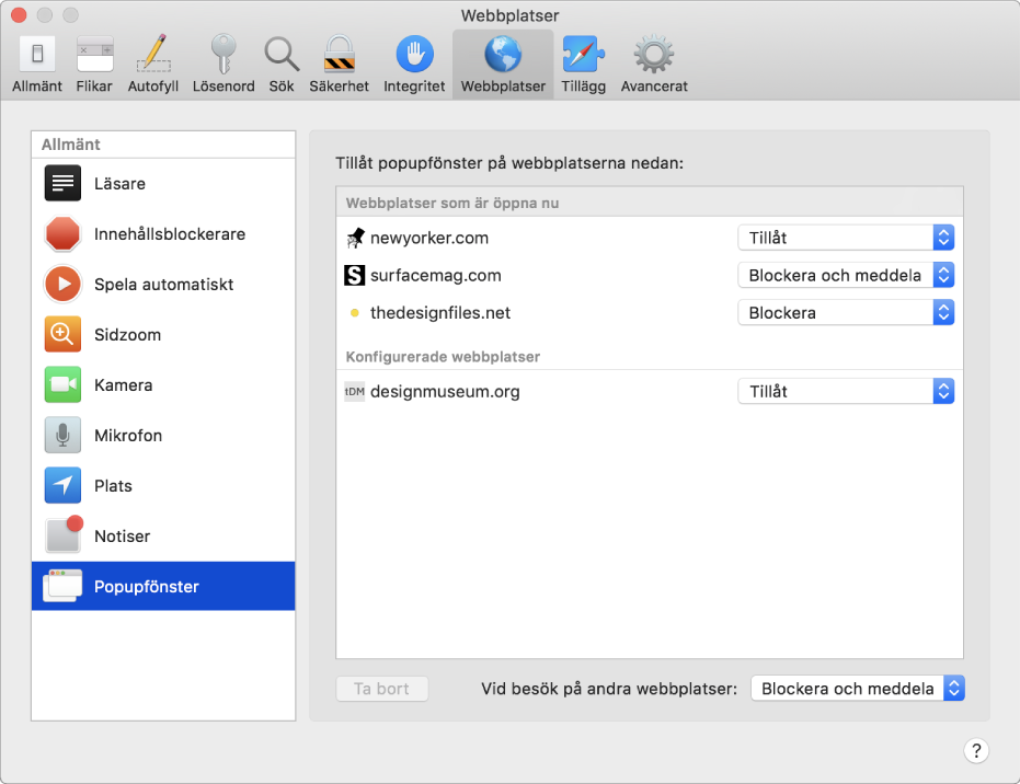 Webbplatsinställningar där du kan anpassa hur du surfar på enskilda webbplatser i Safari.