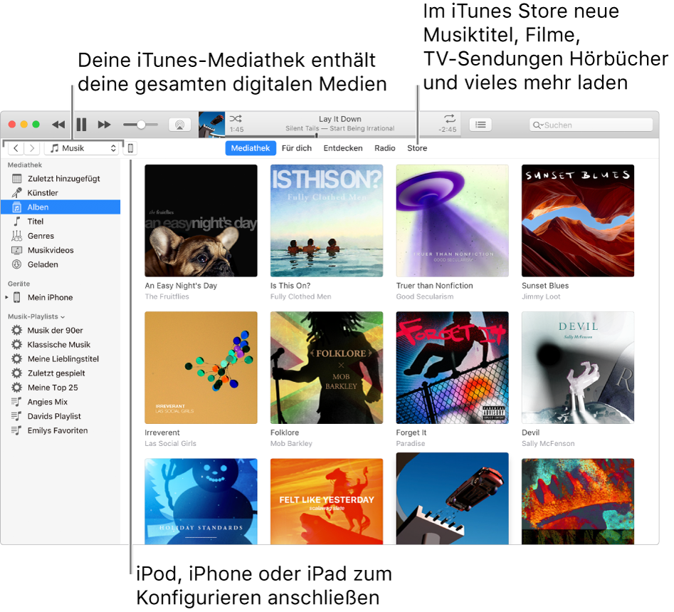 Ansicht des iTunes-Fensters: Das iTunes-Fenster besteht aus zwei Bereichen. Links befindet sich die Seitenleiste „Mediathek“ mit all deinen digitalen Medien. Im größeren Bereich auf der rechten Seite kannst du eine Auswahl ansehen, die dich interessiert. Du kannst dort z. B. deine Mediathek oder deine Seite „Für dich“ anzeigen, in neuer iTunes-Musik oder in Videos stöbern oder den iTunes Store besuchen, um neue Musik, Filme, TV-Sendungen, Hörbücher und mehr zu laden. Oben rechts in der Seitenleiste „Mediathek“ befindet sich die Taste „Geräte“, die zu erkennen gibt, das dein iPod, iPhone oder iPad mit deinem Mac verbunden ist.