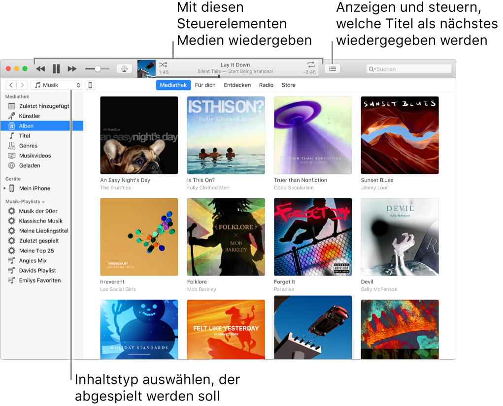 Das Hauptfenster der iTunes-Mediathek: Wähle im Navigationsbereich die Art der Medien aus, die du abspielen willst (z. B. Musik). Verwende die Steuerelemente im Banner oben, um deine Medien abzuspielen, und das Einblendmenü „Als Nächstes“ rechts, um die Mediathek auf andere Weise anzuzeigen.