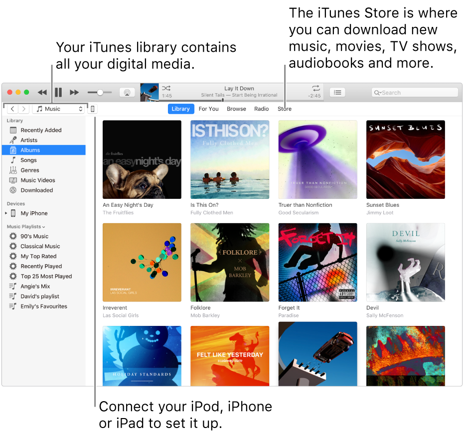 View of the iTunes window: The iTunes window has two panes. On the left is the Library sidebar, which contains all your digital media. On the right, in the larger content area, you can view a selection you’re interested in—for example, visit your library or your For You page, browse new iTunes music and video, or visit the iTunes Store to download new music, movies, TV shows, audiobooks and more. To the upper right of the Library sidebar is the Device button, which shows that your iPod, iPhone or iPad is connected to your Mac.