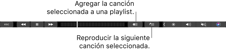 Los controles de Touch Bar cuando se reproduce música, incluyendo los botones para agregar la canción seleccionada a una playlist y la lista "A continuación"