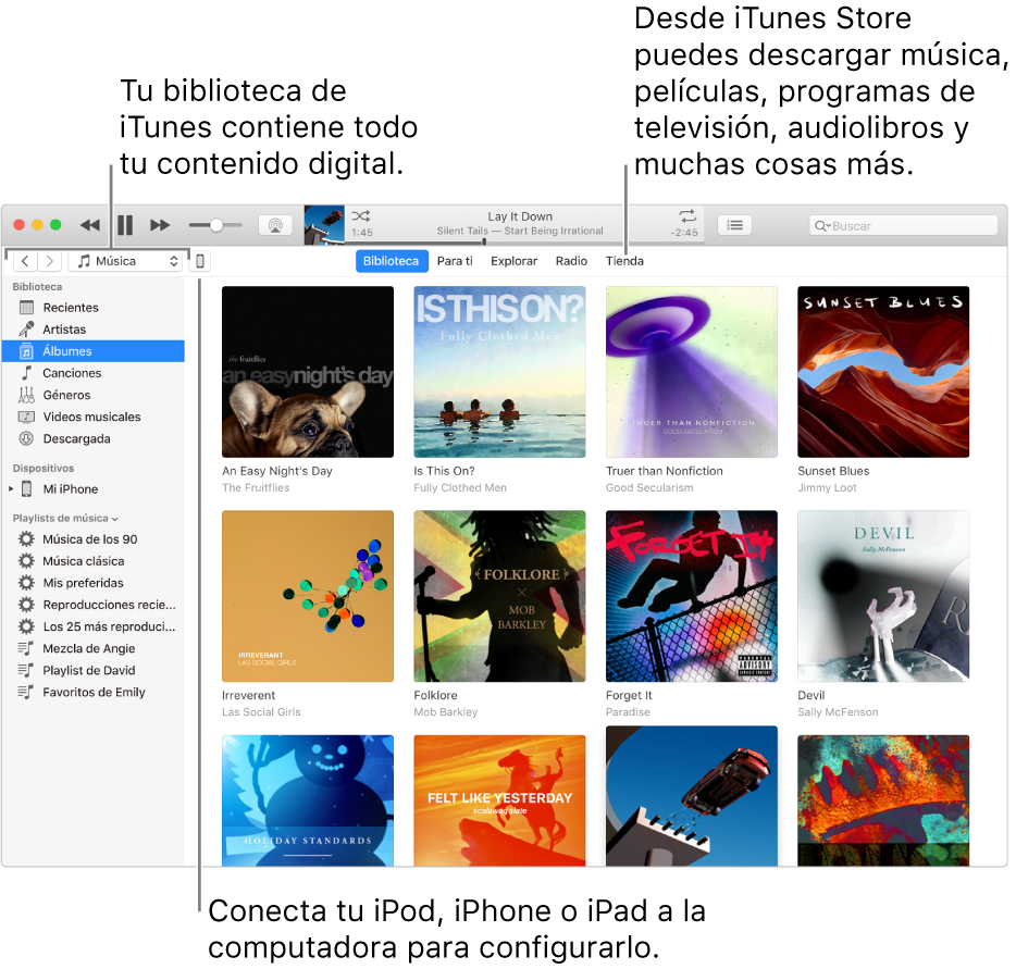 Visualización de la ventana de iTunes: la ventana de iTunes tiene dos paneles. En la izquierda está la barra lateral de la biblioteca, la cual contiene todo tu contenido digital. En el lado derecho, en el área de contenido más grande, puedes ver una selección de lo que te interesa, por ejemplo, visita tu biblioteca o tu página "Para ti", explora nueva música y videos en iTunes, o visita iTunes Store para descargar nueva música, videos, programas de TV, audiolibros y más. En el área superior derecha de la barra lateral de la biblioteca está el botón Dispositivo, el cual indica que tu iPod, iPhone o iPad está conectado a tu Mac.