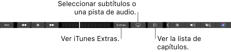 Los controles de Touch Bar cuando se reproducen películas, incluyendo los botones iTunes Extras, subtítulos y la lista de capítulos.