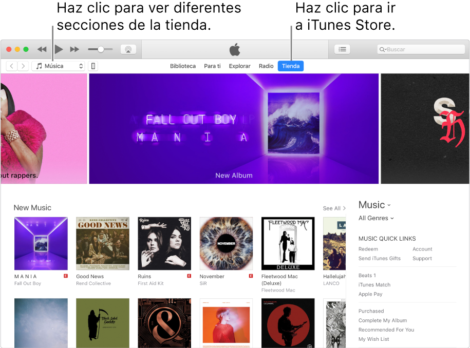 La ventana principal de iTunes Store: en la barra de navegación, la pestaña Tienda está resaltada. En la esquina superior izquierda, elige el contenido que quieres ver en la tienda (por ejemplo, Música o TV).