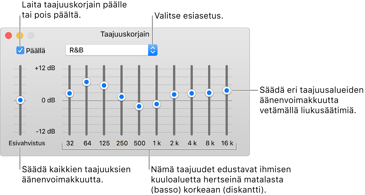 Taajuuskorjain-ikkuna: Valintaneliö, jolla iTunes-taajuuskorjain kytketään päälle, sijaitsee vasemmassa yläkulmassa. Taajuuskorjaimen esiasetukset ovat viereisessä ponnahdusvalikossa. Vasemman laidan esivahvistuksella voi säätää taajuuksien kokonaisäänenvoimakkuutta. Taajuuskorjaimen esiasetusten alla voi säätää eri taajuusalueiden äänenvoimakkuutta; taajuusalueet edustavat ihmisen kuulon taajuuksia matalimmasta korkeimpaan.