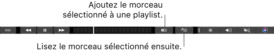 Commandes de la Touch Bar pour la musique, avec des boutons pour ajouter les morceaux sélectionnés à une playlist et à la liste d’attente.