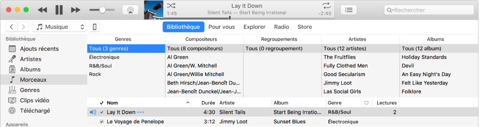 La fenêtre principale d’iTunes : Le navigateur par colonne apparaît à droite de la barre latérale et au-dessus de la liste des morceaux.