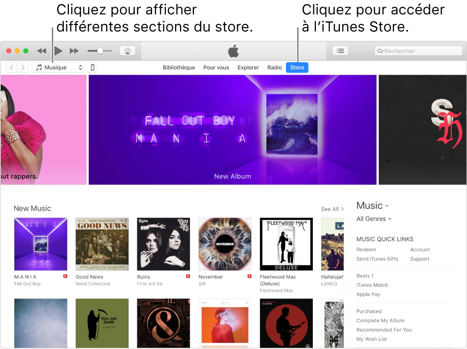 La fenêtre principale de l’iTunes Store : Dans la barre de navigation, Store est surligné. Dans le coin supérieur gauche, choisissez de voir différents contenus dans l’iTunes Store (par exemple Musique ou TV).