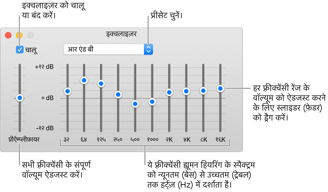 इक्वलाइजर विंडो: iTunes इक्वलाइजर को चालू करने के लिए चेकबॉक्स ऊपरी-बाएँ कोने पर है। इसके सामने इक्वलाइजर प्रीसेट्स वाला पॉप-अप मेनू है। अधिक बाईं ओर, प्रीऐम्प के साथ फ़्रीक्वेंसीज़ के समग्र वॉल्यूम को समायोजित करें। इक्वलाइजर प्रीसेट्स के नीचे, विभिन्न फ़्रीक्वेंसी रेंज के साउंड लेवल को समायोजित करें, जो निम्नतम से उच्चतम मानव श्रवण स्पेक्ट्रम को निरूपित करते हैं।