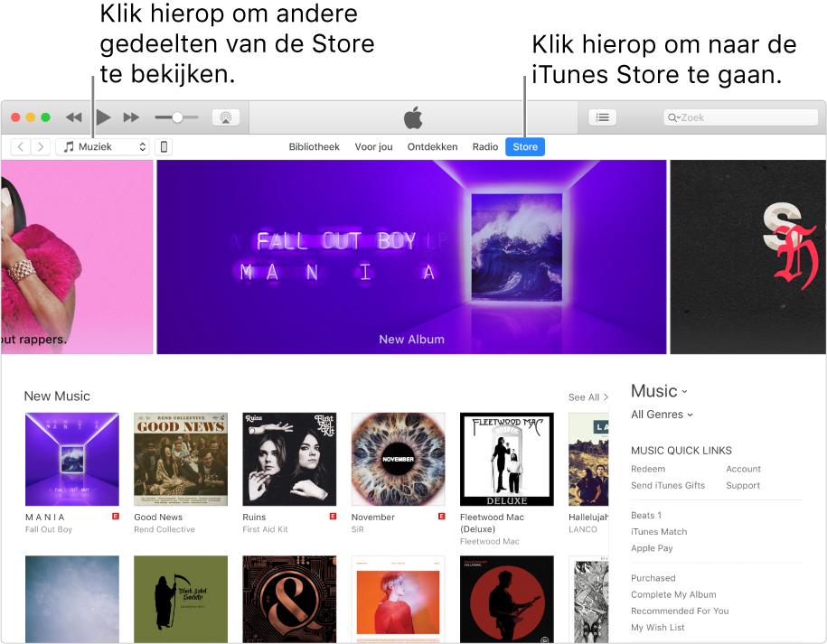 Het hoofdvenster van de iTunes Store: 'Store' is gemarkeerd in de navigatiebalk. In de linkerbovenhoek kun je ervoor kiezen om andere inhoud (zoals 'Muziek' of 'Tv') in de Store weer te geven.