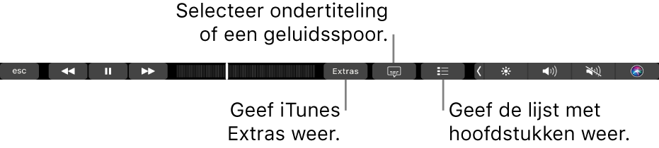 De Touch Bar-regelaars voor films, met knoppen voor iTunes Extras, ondertiteling en de lijst met hoofdstukken.
