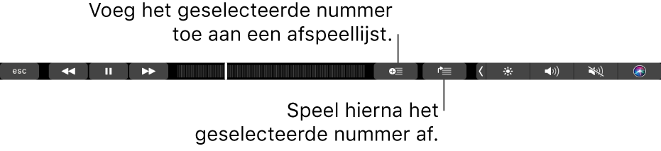 De Touch Bar-regelaars voor muziek, met knoppen om het geselecteerde nummer aan een afspeellijst en de lijst 'Volgende' toe te voegen.