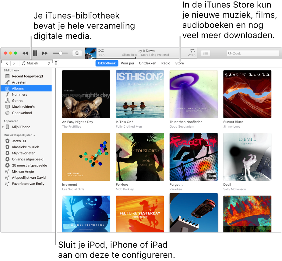 Weergave van het iTunes-venster: Het iTunes-venster bestaat uit twee panelen. De navigatiekolom 'Bibliotheek' bevindt zich aan de linkerkant. Hier zie je al je digitale media. In het grotere inhoudsgedeelte aan de rechterkant zie je een selectie waarin je geïnteresseerd bent. Ga bijvoorbeeld naar je bibliotheek of de pagina 'Voor jou', blader door nieuwe iTunes-muziek en -video's of ga naar de iTunes Store om nieuwe muziek, films, tv-programma's, audioboeken en meer te downloaden. Rechtsboven in de navigatiekolom 'Bibliotheek' vind je de knop 'Apparaat', waar wordt aangegeven dat je iPod, iPhone of iPad is verbonden met je Mac.