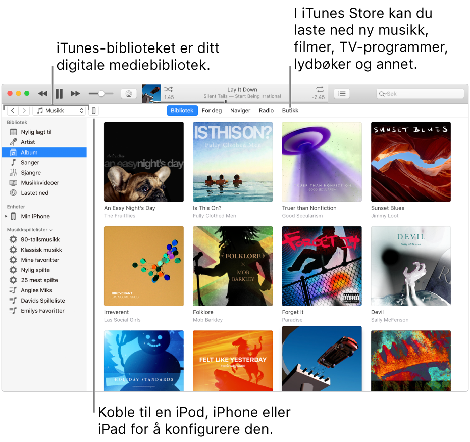iTunes-vinduet: iTunes-vinduet med to paneler. På venstre side er Bibliotek-sidepanelet, som inneholder alle digitale medier. På høyre side, i det største innholdsområdet, kan du vise et utvalg du er interessert i – du kan for eksempel gå til biblioteket eller For deg-siden, finne ny musikk og nye videoer i iTunes eller besøke iTunes Store for å laste ned musikk, filmer, TV-programmer, lydbøker og annet. Øverst til høyre i Bibliotek-sidepanelet er enhetsknappen, som viser at en iPod, iPhone eller iPad er koblet til Macen.