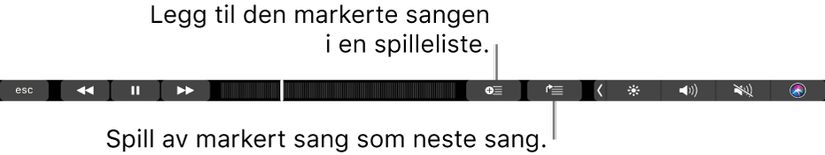 Touch Bar-kontrollene for musikkavspilling, med knapper for å legge til den markerte sangen til en spilleliste og til Neste-listen