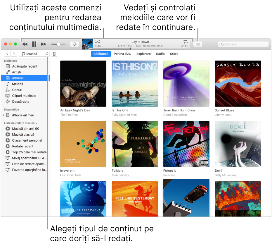 Fereastra principală bibliotecă iTunes: În navigator, selectați tipul de conținut multimedia care să fie redat (cum ar fi Muzică). Utilizați comenzile din bannerul de sus pentru a reda conținutul multimedia și utilizați meniul pop-up Urmează din dreapta pentru a vizualiza biblioteca în diferite moduri.