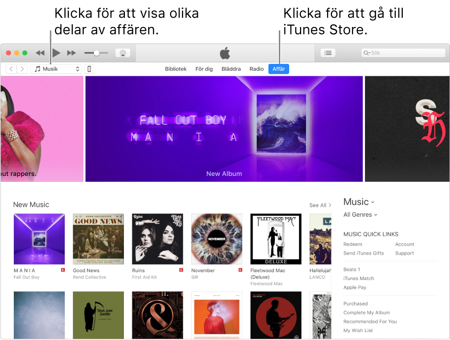 Huvudfönstret i iTunes Store: Affär är markerat i navigeringsfältet. I det över vänstra hörnet går det att välja att visa olika innehåll i affären (som Musik eller TV).