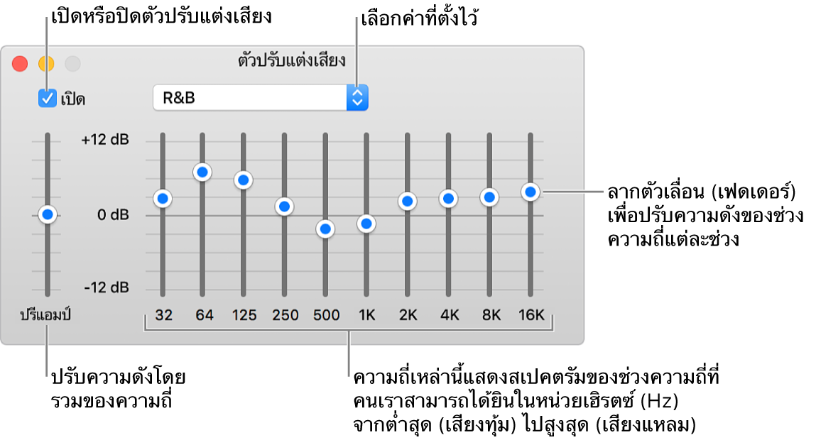 หน้าต่างตัวปรับแต่งเสียง: กล่องกาเครื่องหมายเพื่อเปิดตัวปรับแต่งเสียง iTunes อยู่ที่มุมด้านซ้ายบน ถัดจากกล่องข้อความคือเมนูที่แสดงขึ้นพร้อมค่าที่ตั้งไว้ของตัวปรับแต่งเสียง ในด้านซ้ายถัดออกไป ให้ปรับความดังโดยรวมของความถี่ด้วยปรีแอมป์ ด้านล่างค่าที่ตั้งไว้ของตัวปรับแต่งเสียง ให้ปรับระดับเสียงของช่วงความถี่ที่ต่างกันซึ่งแสดงถึงสเปกตรัมการได้ยินของมนุษย์จากต่ำสุดไปสูงสุด